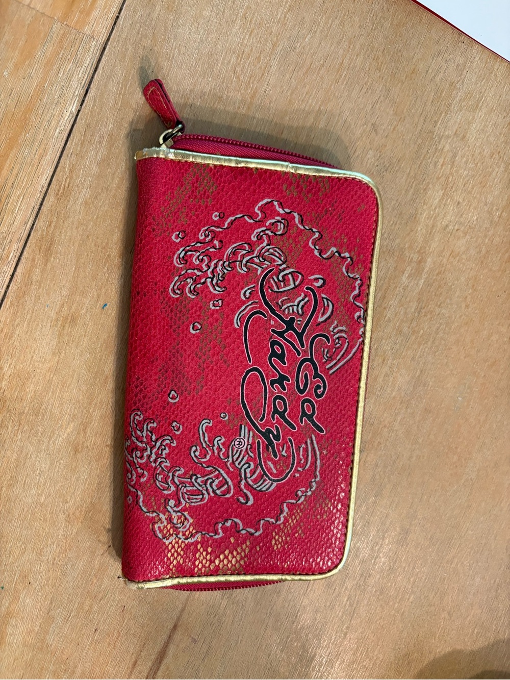 Ed Hardy Red Zip-Around Wallet with Gold Trim
